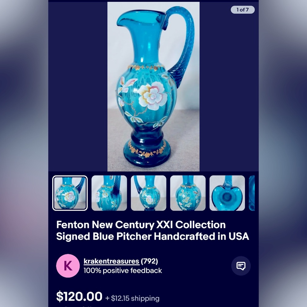 Fenton New Century XXI Collection signed Blue Pitcher Handcrafted in the USA